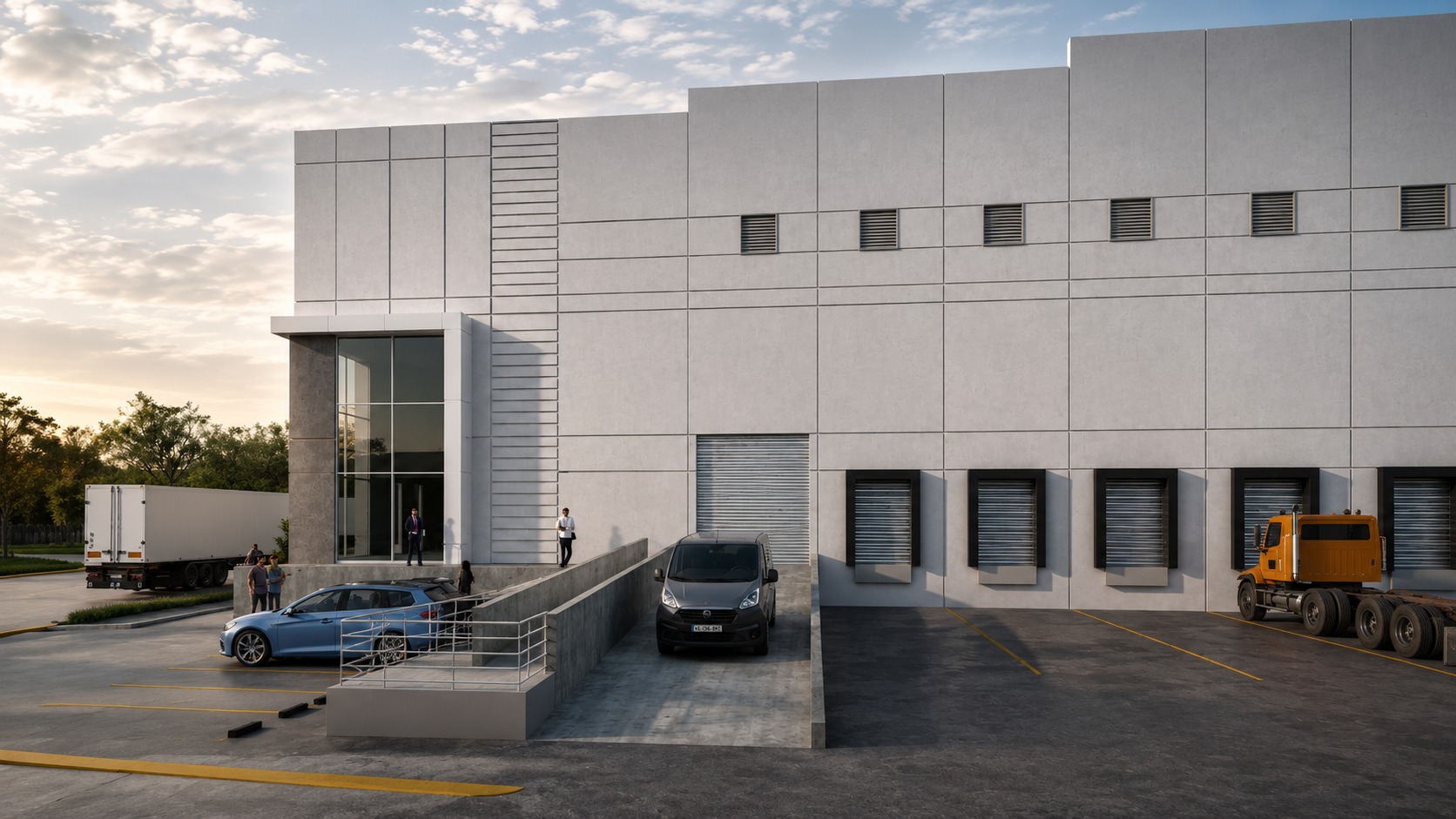 Render de acceso y andenes al atardecer
