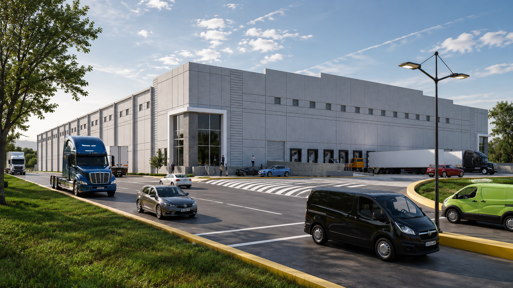 Render de la vialidad interna de Integra Park con tráileres